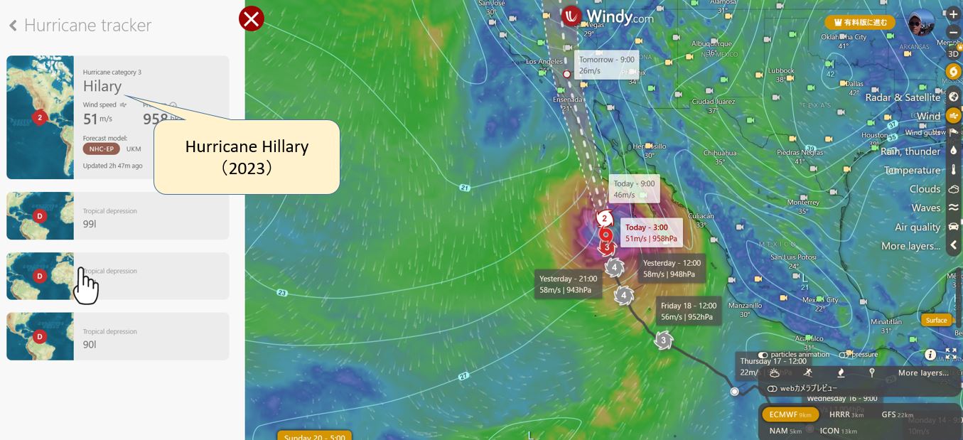 [Windy.com] Forecast for Hurricane Hillary (2023)